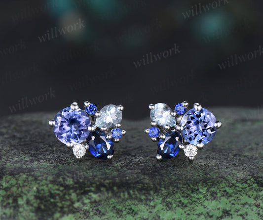 Dainty Round Cut Natural Tanzanite Stud Earrings 14K White Gold Blue Sapphire Aquamarine Cluster Multi-Stone Earrings December Birthstone Earrings