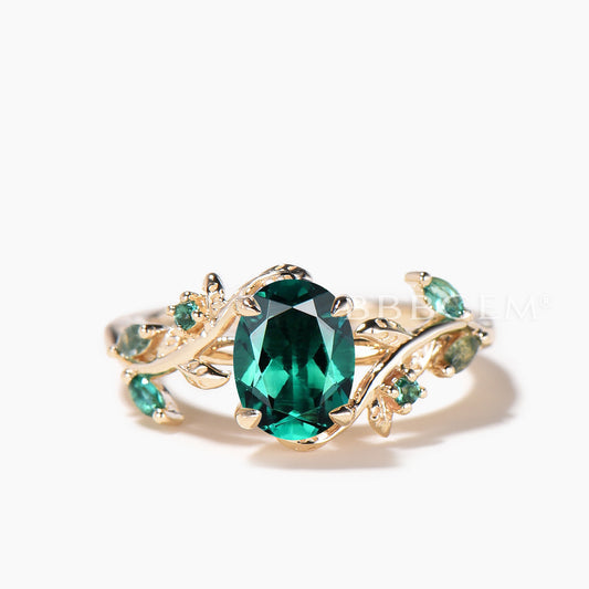 1.5CT Oval Cut Emerald Leaf Engagement Ring Moss Agate Nature Inspired Ring