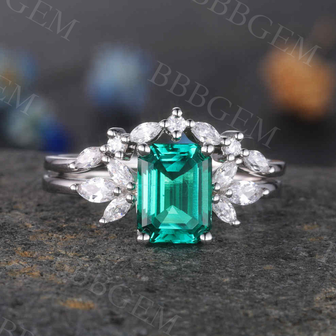 Emerald Diamond Engagement Ring Set Floral Promise Bridal Wedding Set