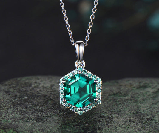 Hexagon Cut Emerald Necklace 14k White Gold Halo Unique Pendant Green Gemstone Dainty Anniversary Gift For Women