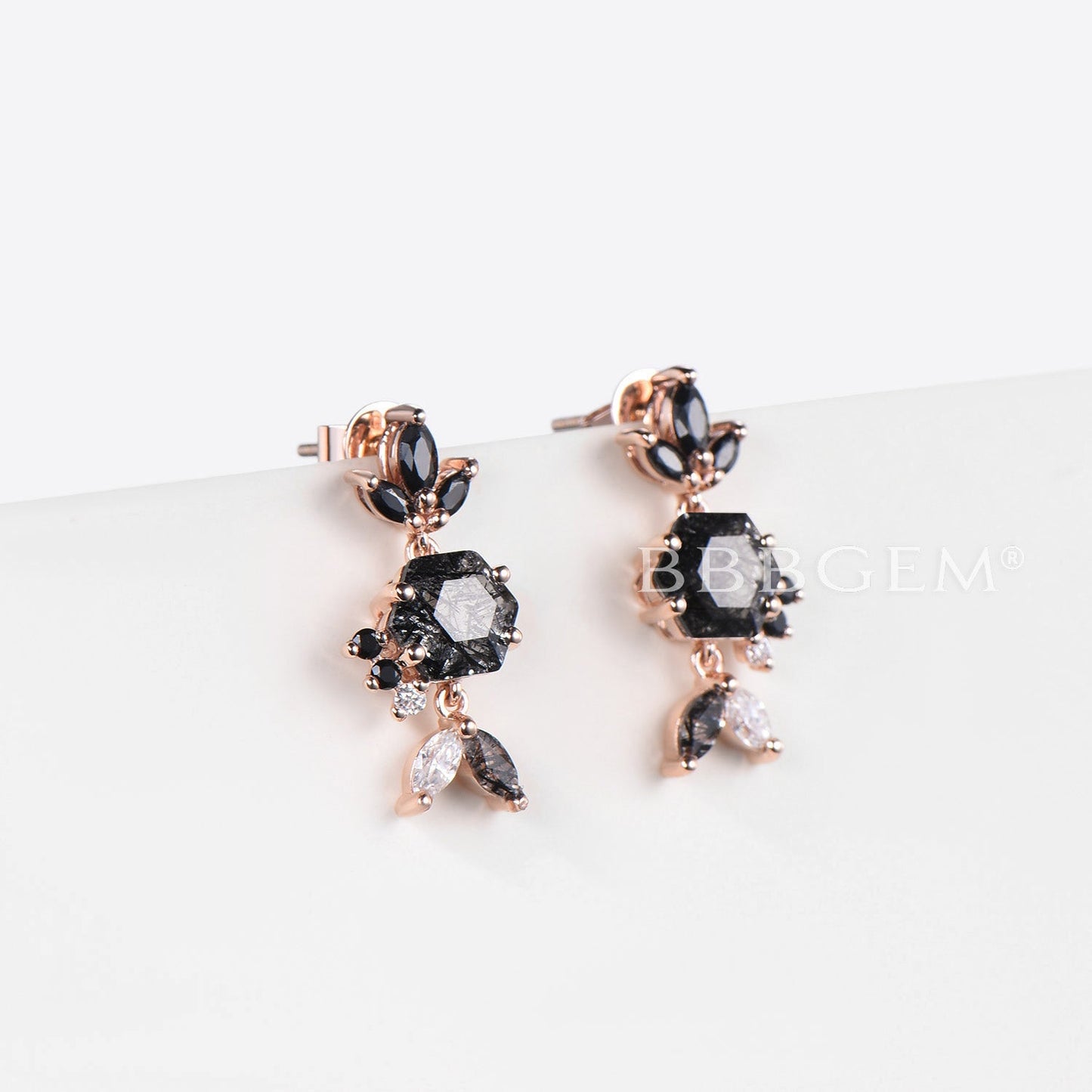 Hexagon Cut Genuine Black Rutilated Quartz Stud Earrings Black Gemstone Earrings