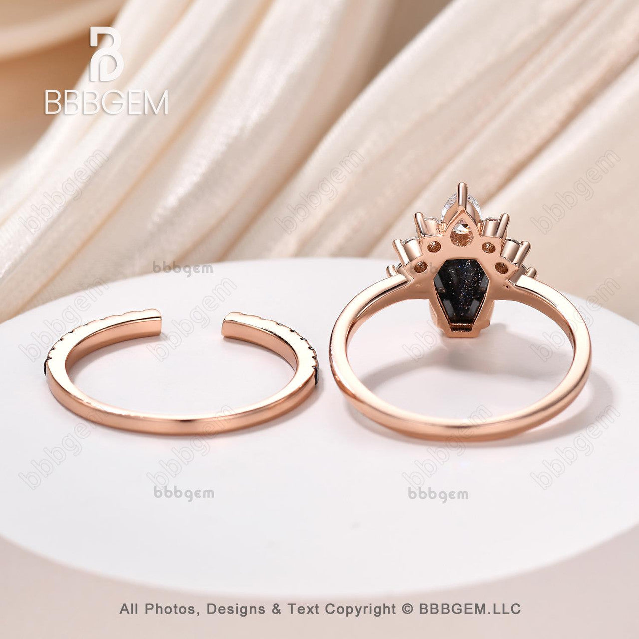 Dark Cluster Coffin Cut Blue Sandstone Wedding Ring Set for Women in Rose Gold Spinel Coffin Engagement Rings Unique Gift