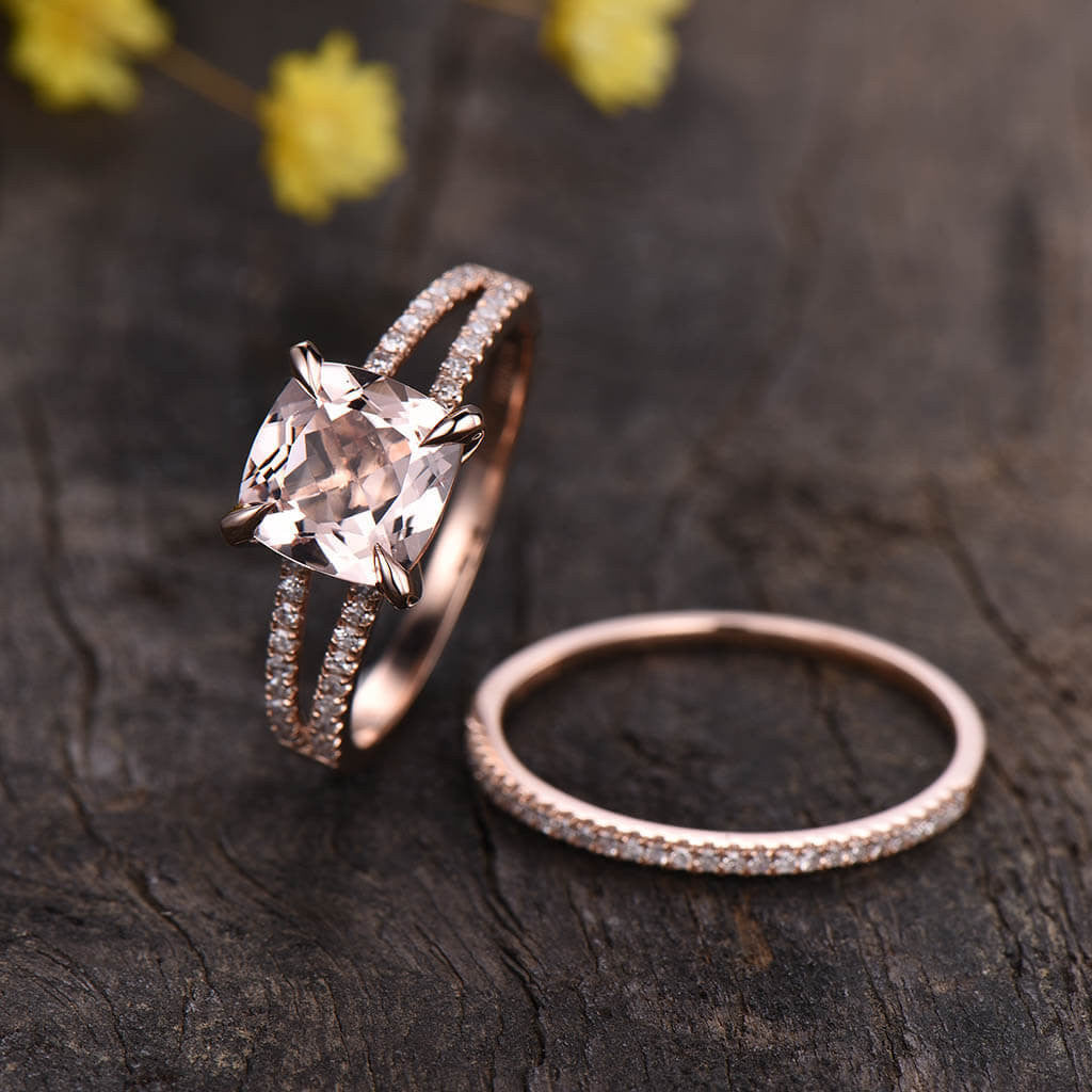 14K/18K Gold Cushion Morganite Engagement Ring Diamond Wedding Set