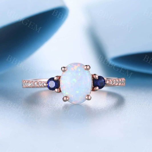 14K Rose Gold Opal Cluster Engagement Ring for Women Sapphire Diamond Ring Statement Ring