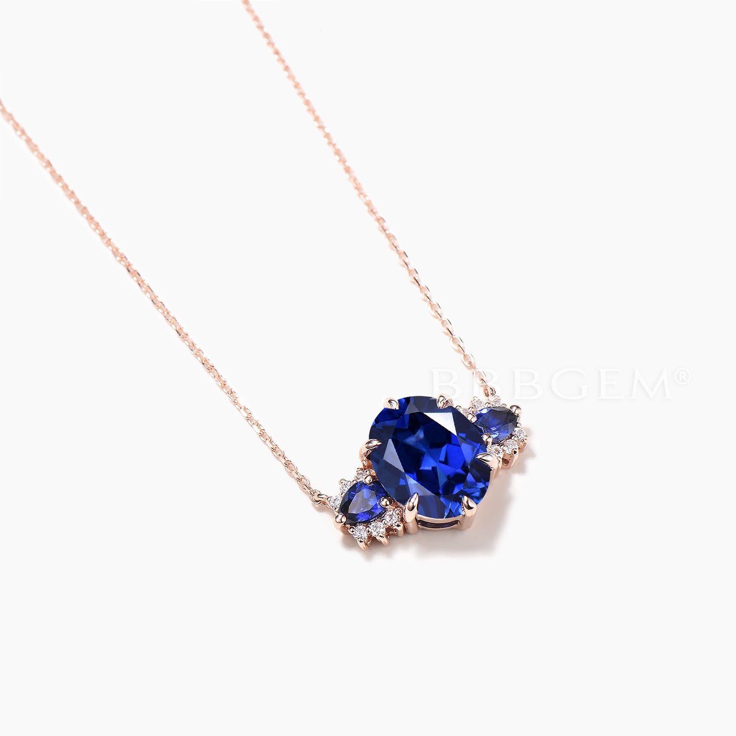 1.5CT Oval Cut Sapphire Pendant Diamond Cluster Rose Gold Necklace