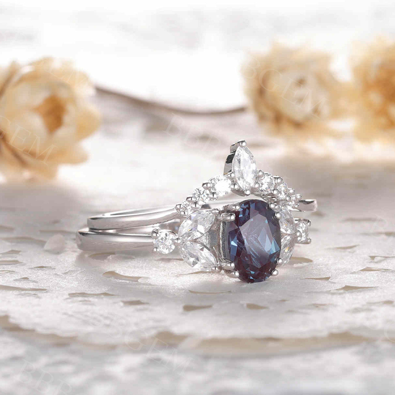 5x7mm Alexandrite Engagement Ring Set Moissanite Pave Chevron Bridal Set