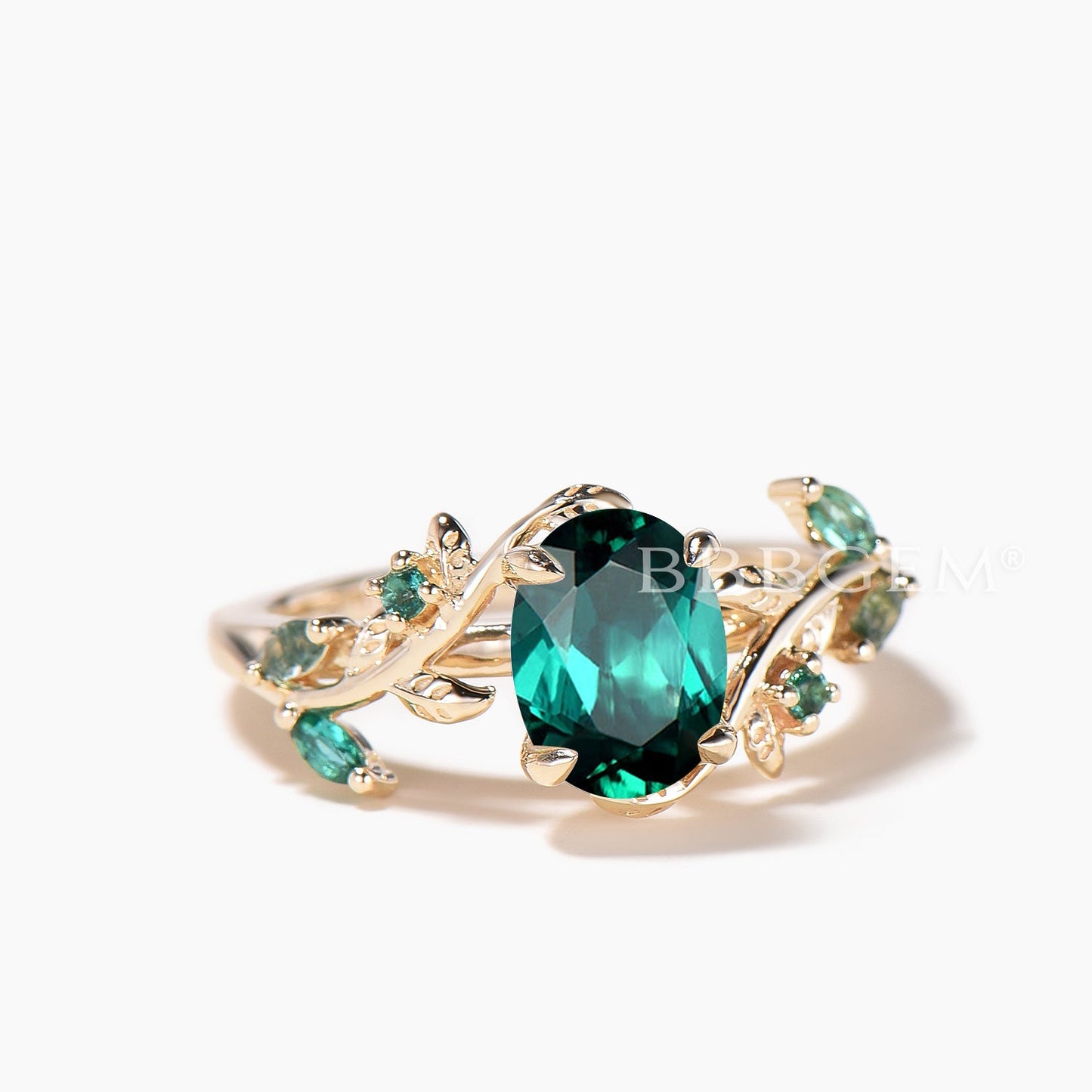 1.5CT Oval Cut Emerald Leaf Engagement Ring Moss Agate Nature Inspired Ring