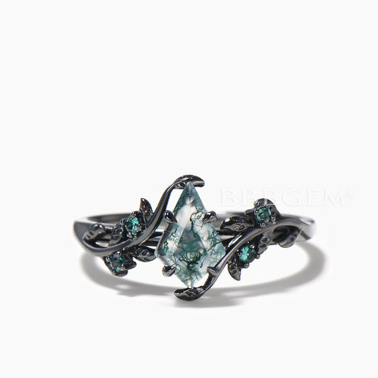 1CT Kite Cut Natural Moss Agate Engagement Ring Emerald Leaf Black Gold Ring