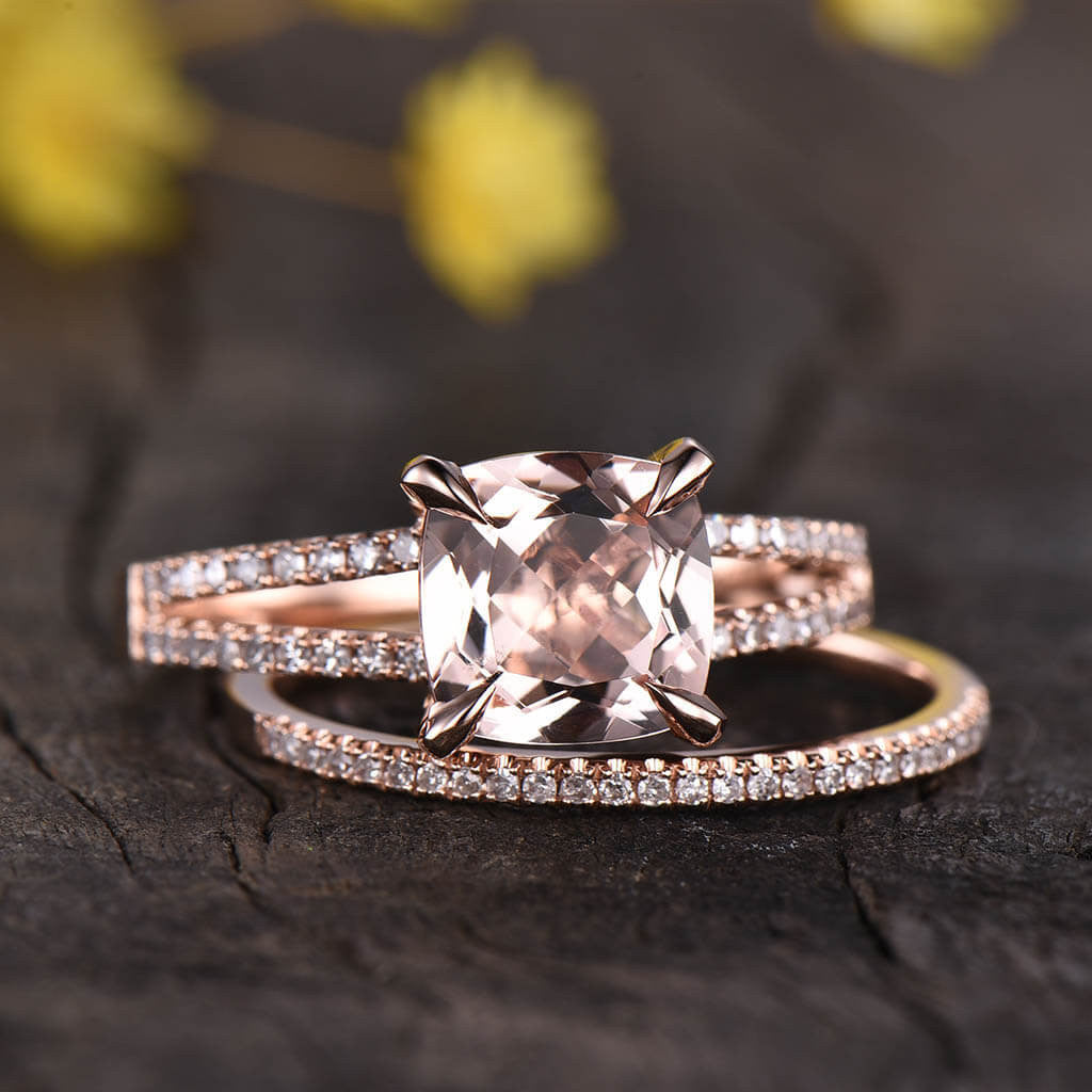 14K/18K Gold Cushion Morganite Engagement Ring Diamond Wedding Set