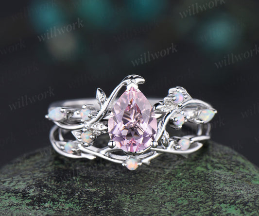 14K White Gold Pink Morganite Opal Ring Set Unique Leaf Vine Wedding Ring Pear Bridal Proposal Ring For Fianc??¡Á?|E Gemstone Ring