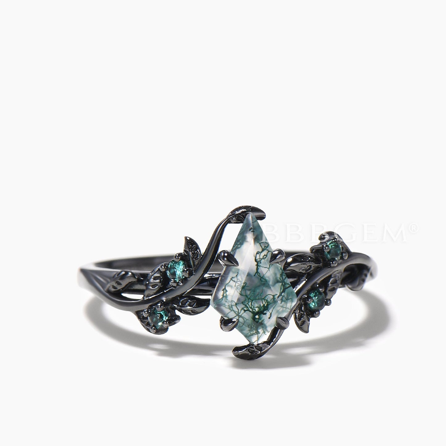 1CT Kite Cut Natural Moss Agate Engagement Ring Emerald Leaf Black Gold Ring