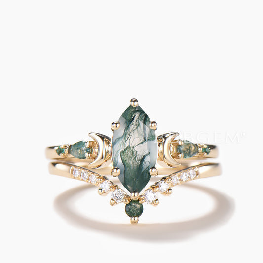 1CT Marquise Cut Natural Moss Agate Moon Wedding Ring Diamond Bridal Set