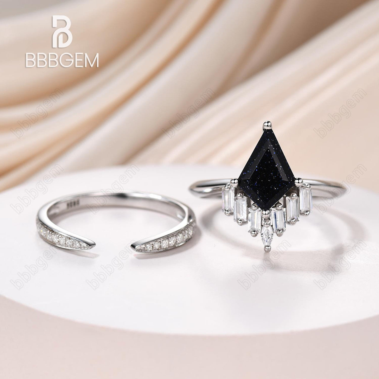 18K White Gold Knife-Edge Kite Blue Sandstone Engagement Ring Cluster Baguette Moissanite W/ Classic Pave Moissanite Open Gap