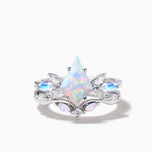 Kite Cut White Opal Engagement Ring Moonstone Cluster Bridal Ring Set