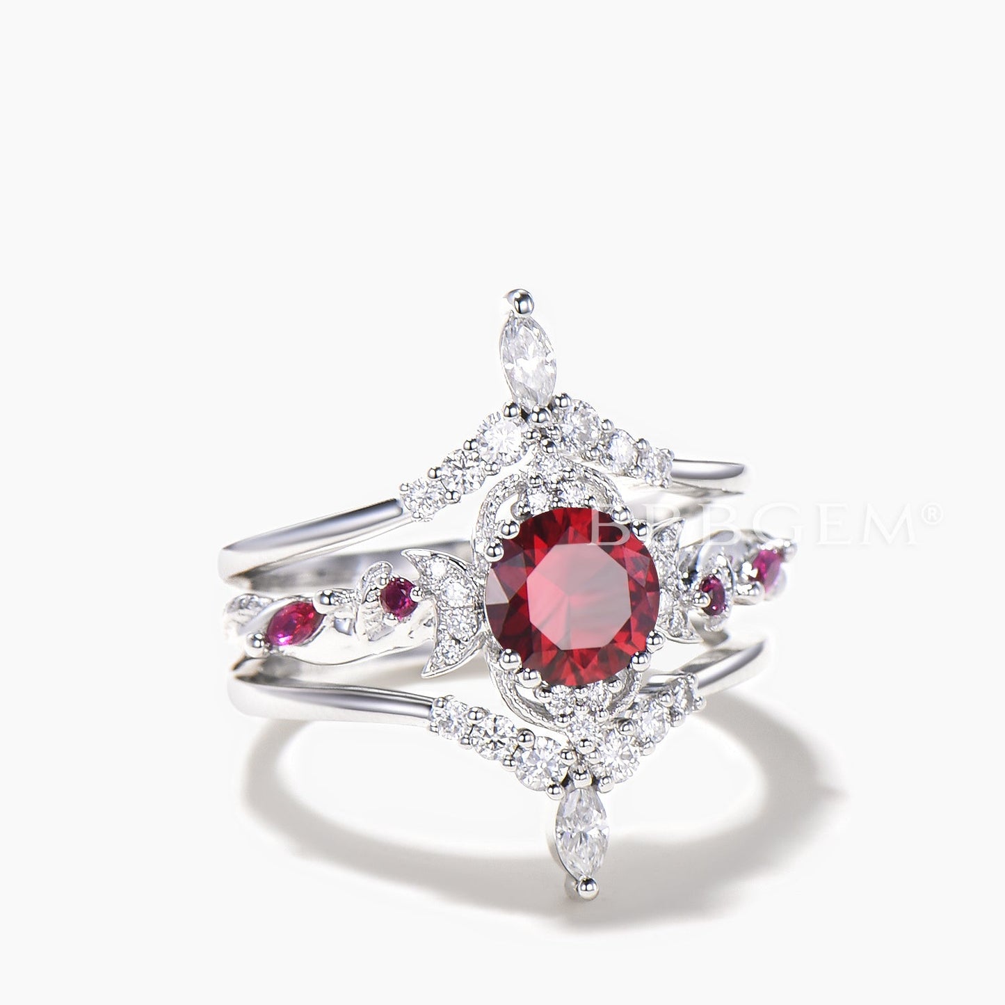 3PC Bridal Set Round Cut Ruby Moon Engagement Ring Diamond Curved Band