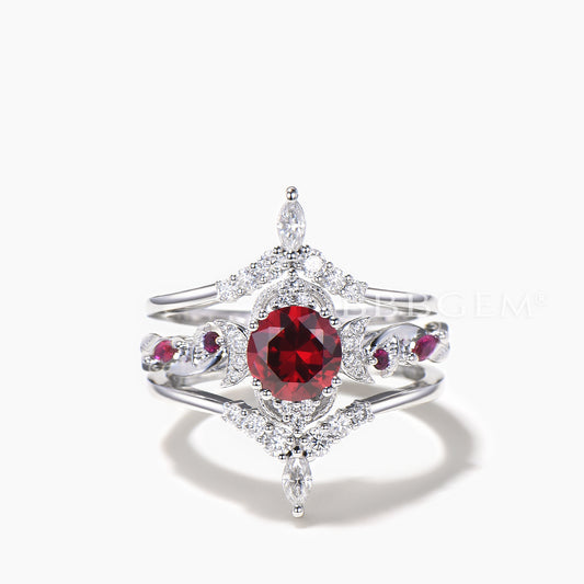 3PC Bridal Set Round Cut Ruby Moon Engagement Ring Diamond Curved Band