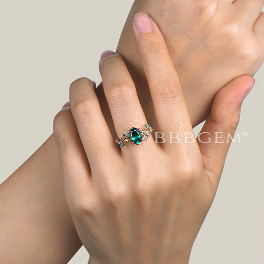 1.5CT Oval Cut Emerald Leaf Engagement Ring Moss Agate Nature Inspired Ring