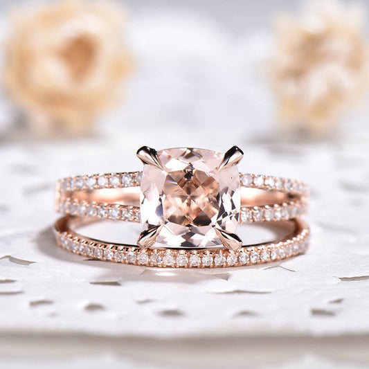 14K/18K Gold Cushion Morganite Engagement Ring Diamond Wedding Set