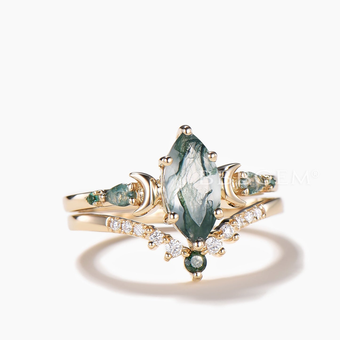 1CT Marquise Cut Natural Moss Agate Moon Wedding Ring Diamond Bridal Set