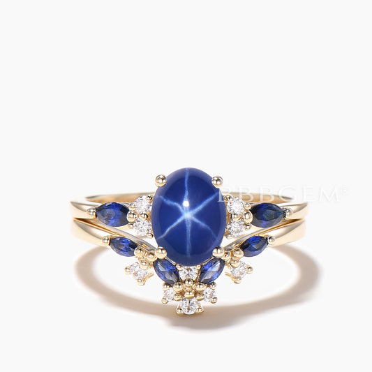 1.5CT Oval Cut Star Sapphire Engagement Ring Diamond Cluster Bridal Set