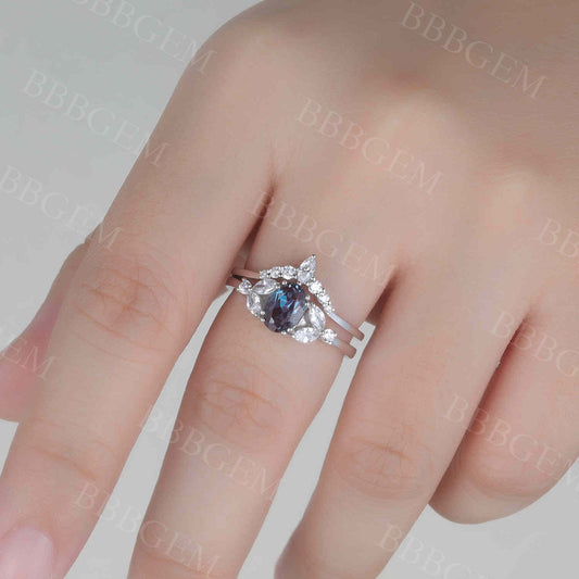 5x7mm Alexandrite Engagement Ring Set Moissanite Pave Chevron Bridal Set