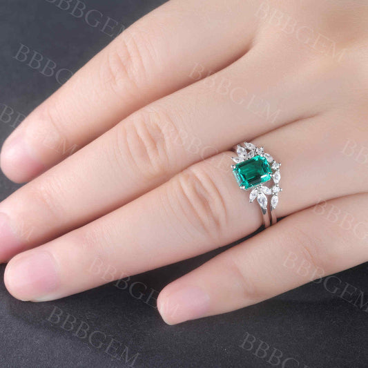 Emerald Diamond Engagement Ring Set Floral Promise Bridal Wedding Set