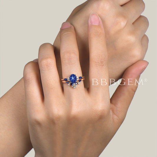 1.5CT Oval Cut Star Sapphire Engagement Ring Diamond Cluster Bridal Set