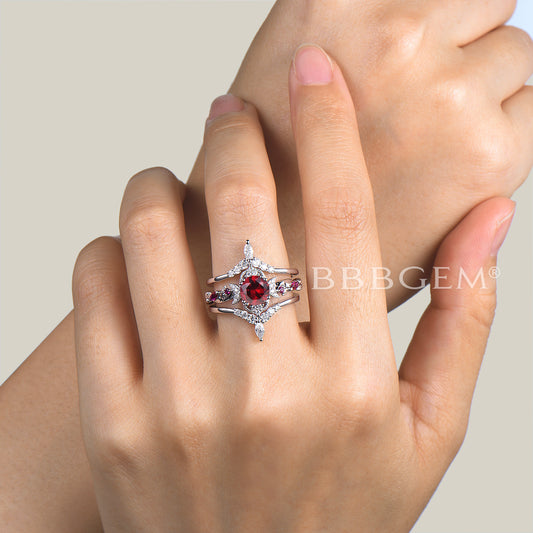 3PC Bridal Set Round Cut Ruby Moon Engagement Ring Diamond Curved Band
