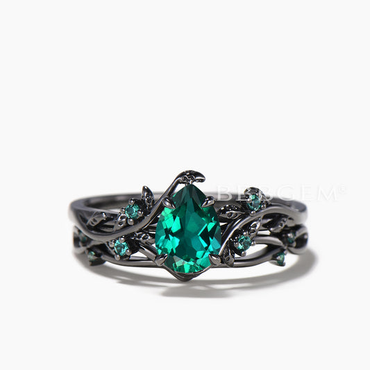 1.25ct Teardrop Cut Green Emerald Nature Inspired Bridal Set Emerald Leaf Black Gold Ring