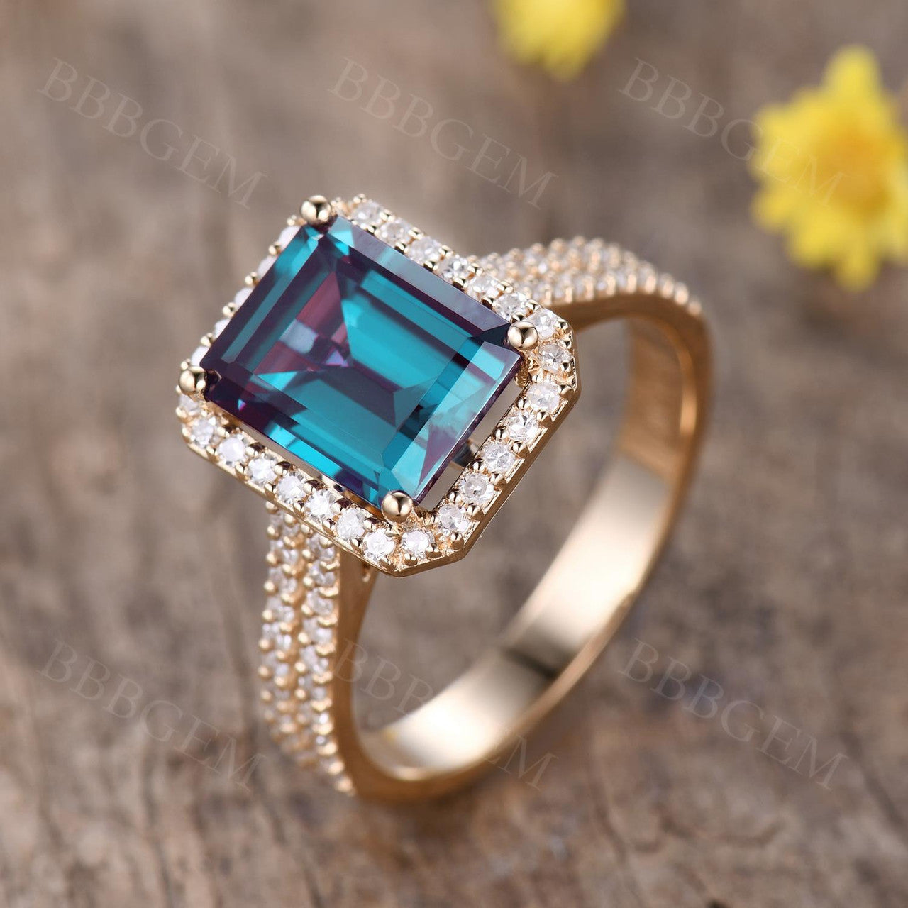 5 Carat Emerald Cut Alexandrite Engagement Ring Cubic Zirconia Halo Ring White Gold