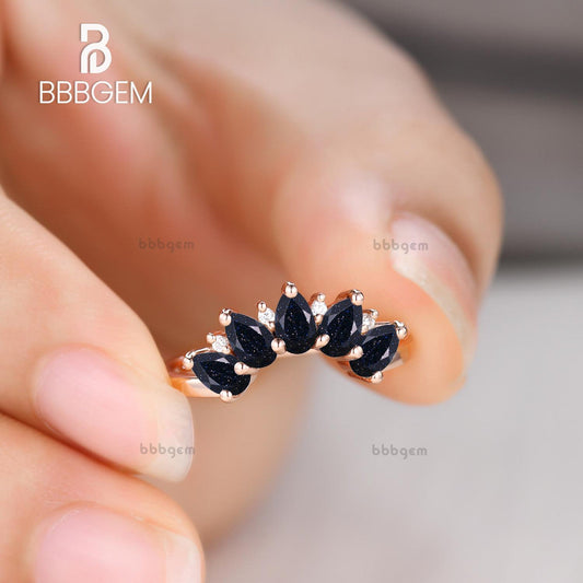 Five Stone Pear Cut Alternative Anniversary Ring Band With Blue Sandstone Moissanite Diamond in Rose Gold