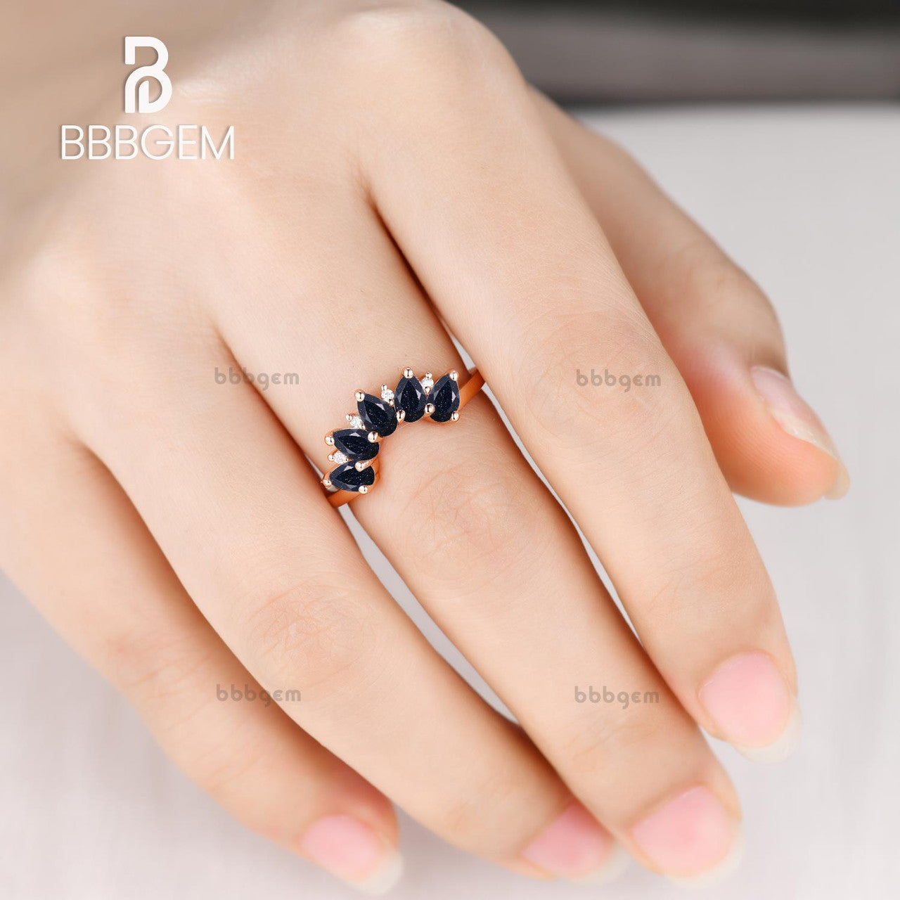 Five Stone Pear Cut Alternative Anniversary Ring Band With Blue Sandstone Moissanite Diamond in Rose Gold