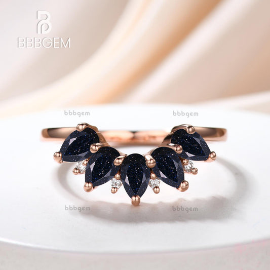 Five Stone Pear Cut Alternative Anniversary Ring Band With Blue Sandstone Moissanite Diamond in Rose Gold