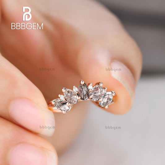 5 Stone Pear Shaped Black Rutilated Quartz Anniversary Wedding Band in Silver Women Gift