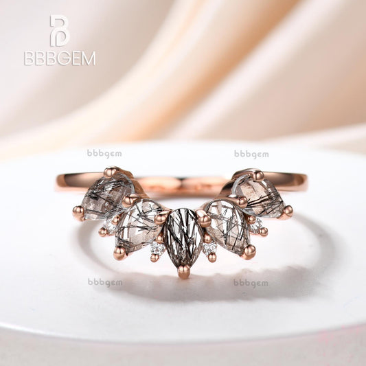 5 Stone Pear Shaped Black Rutilated Quartz Anniversary Wedding Band in Silver Women Gift