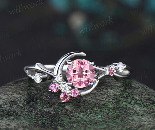 5mm Round Padparadscha Sapphire Engagement Ring Moon Star Twig Ring Pink Tourmaline Diamond Cluster Ring Gifts For Her