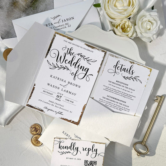 5x7 Tri-fold Pocket Wedding Invitations and Hand Torn Invite Cards, Gold Deckled Edge Invitation, Wax Seals