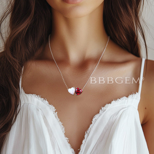 1.2CT Heart Cut Opal Ruby Wedding Necklace White Gold Toi et Moi Pendant