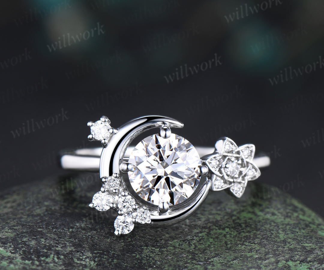 6.5mm Round Lab Grown Diamond Engagement Ring Unique Moon Cluster Diamond Ring Solid 14k White Gold Bridal Ring Gifts For Women