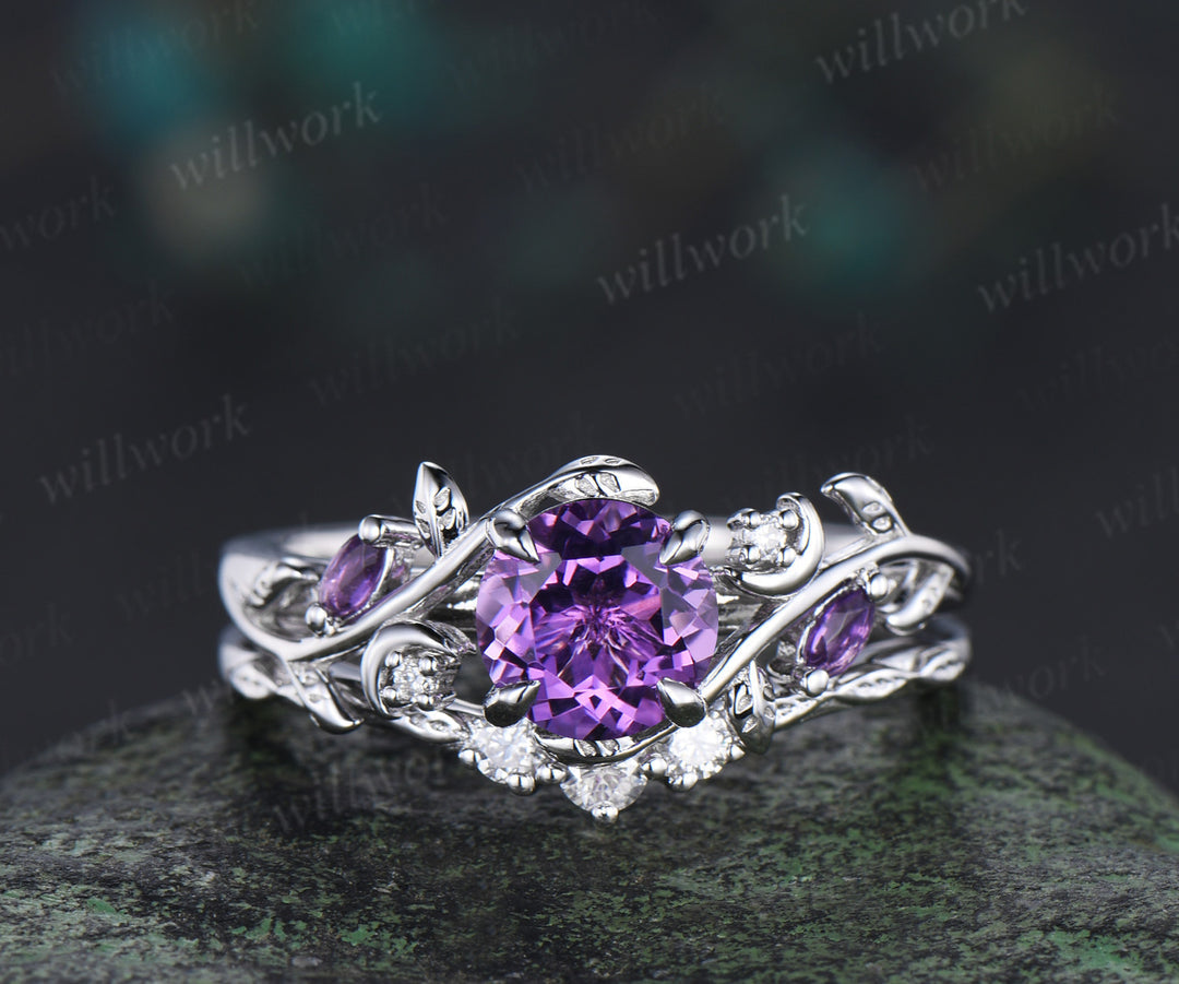 1ct Round Cut Natural Amethyst Engagement Ring Set Unique Moon Leaves Vines Ring Promise Bridal Set Gifts For Her