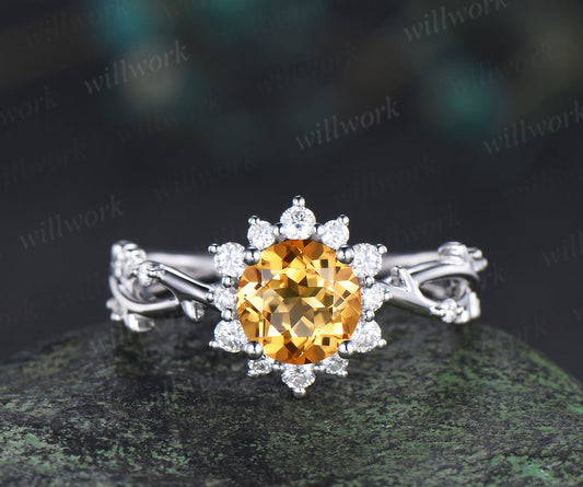 6.5mm Round Cut Yellow Citrine Ring Diamond Halo Twig Infinity Engagement Ring Nature Inspired Jewelry Gifts For Women