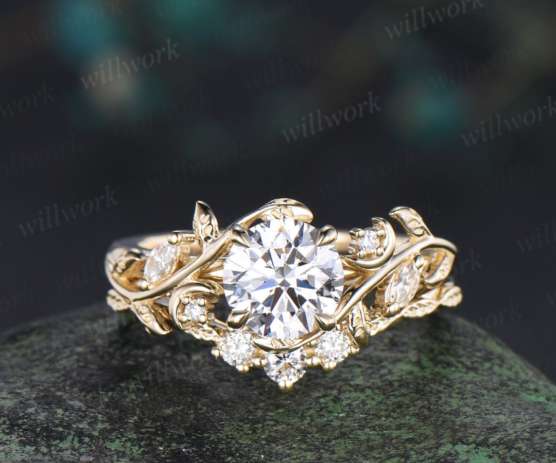 1ct Round Cut IGI Lab Grown Diamond Engagement Ring Set Unique Moon Leaves Vines Ring Solid Yellow Gold Bridal Set