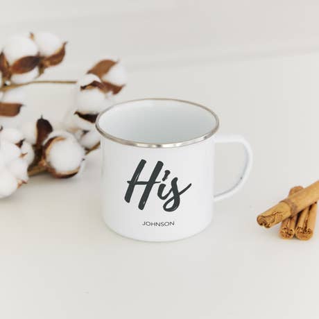 Personalized White Enamel Stainless Steel Coffee Mug - His Design - Unique Gift For Him