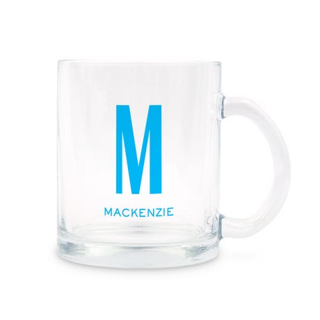 Personalized 11 oz. Clear Glass Coffee Mug with Handle - Sans Serif Monogram