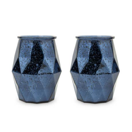 Large Geometric Mercury Glass Votive Candle Holders - Navy Blue - Set of 2