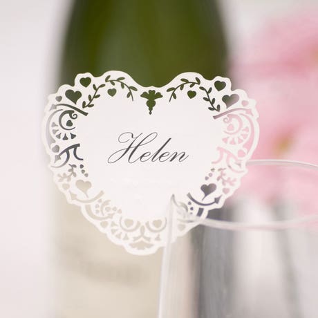 White Laser Cut Place Cards for Glasses - Vintage Romance - Set of 10