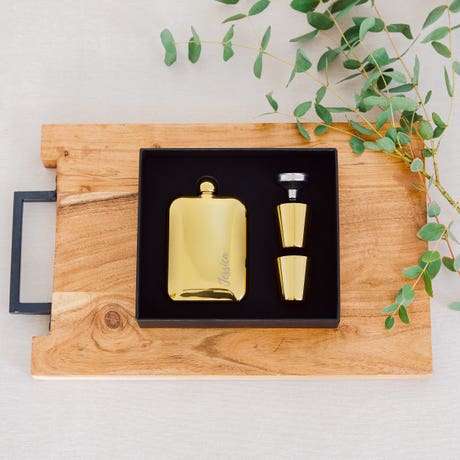 Engraved 6 oz. Gold Metal Round Edged Hip Flask Gift Box Set - Calligraphy