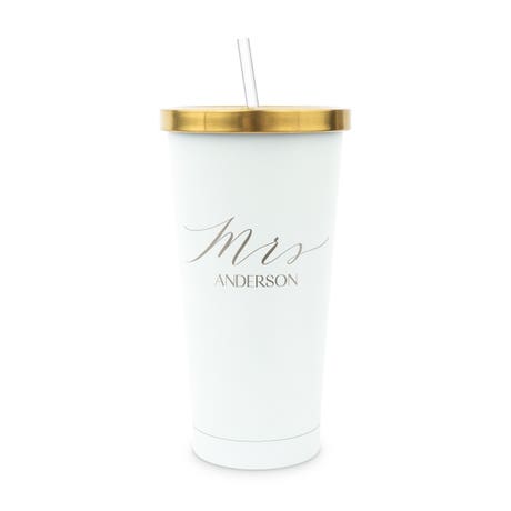 Personalized White Metal Drink Tumbler with Metallic Lid - Mrs