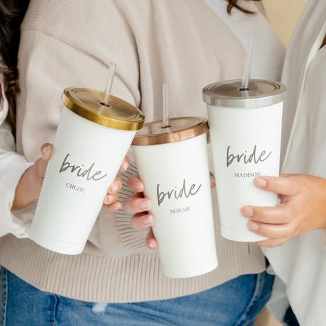Personalized White Metal Drink Tumbler with Metallic Lid - Bride