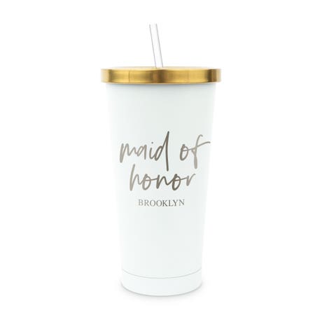 Personalized White Metal Drink Tumbler with Metallic Lid - Maid of Honor
